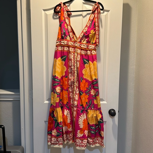 Farm Rio floral button down midi dress with bows on shoulders - Picture 3 of 8